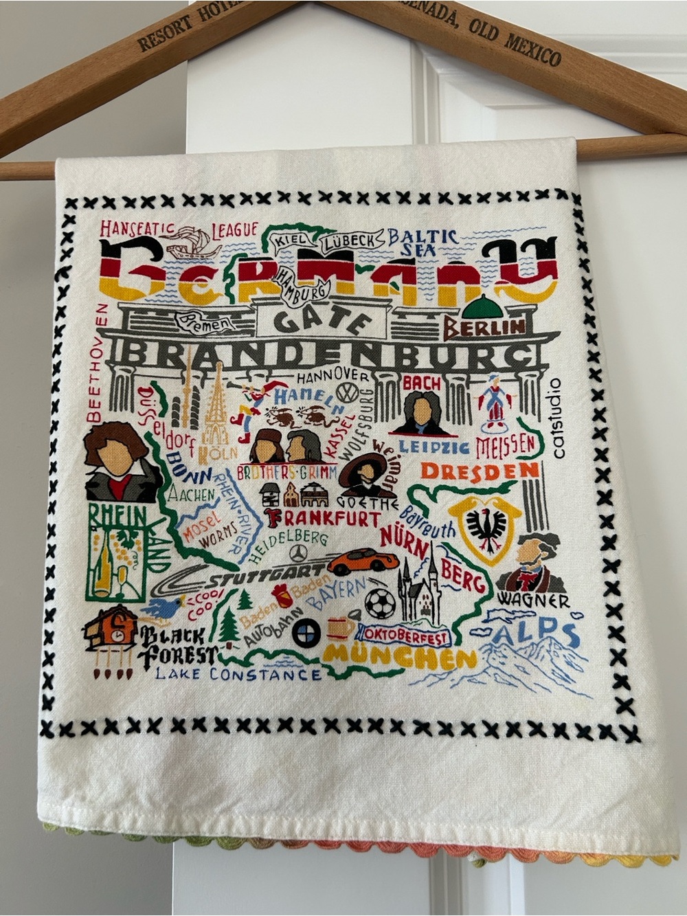 Germany Tea Towel Catstudio with Rickrack Trim. Cotton. Machine Wash.